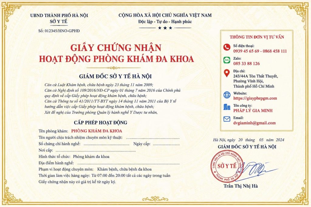 Giấy chứng nhận hoạt động phòng khám đa khoa tại Hà Nội